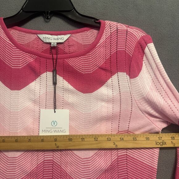 NWT Ming Wang Chevron Stripe Lightweight Knit Sweater Top Size XS Pink Preppy - Picture 9 of 9